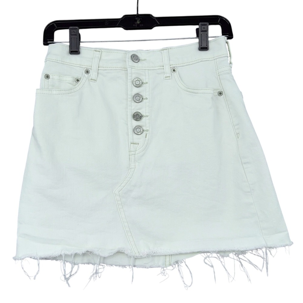 Gap Denim White Mini Skirt‎ Button Fly Raw Hem Petite 0/25P High Rise A-Line